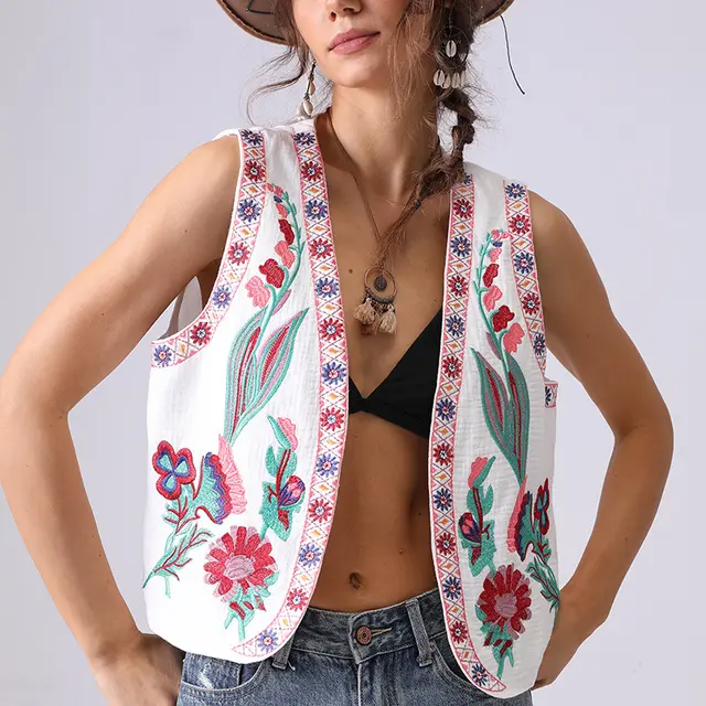 European Station French Minority National Style Machine Embroidery Vest Beige - Shop at LoveMi