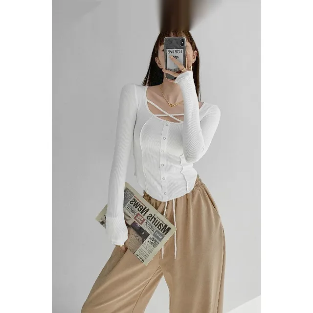 Slim Fit Slimming Sense Of Design Niche Cross Long Sleeves Round Neck Bottoming Shirt Top White - Shop at LoveMi