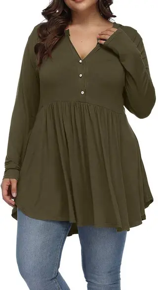 V-neck Buttons Pleated Long Sleeve Plus Size T-shirt - Army Green