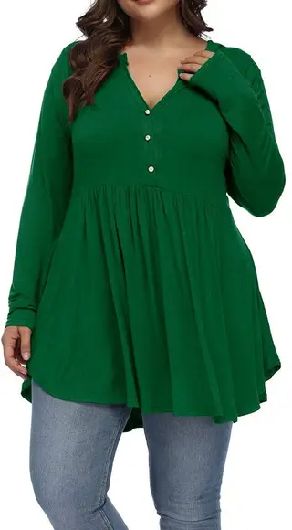 V-neck Buttons Pleated Long Sleeve Plus Size T-shirt - Green
