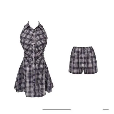 French Minority Lapel Sleeveless Collar Slip Dress Tartan Skirt Pants - Shop at LoveMi