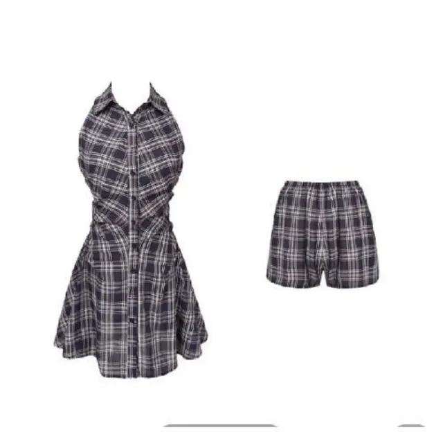 French Minority Lapel Sleeveless Collar Slip Dress Tartan Skirt Pants - Shop at LoveMi