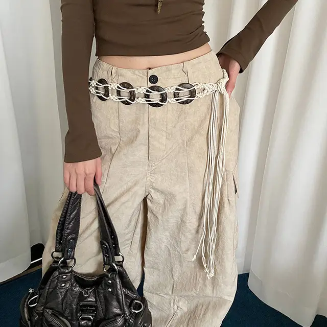 Retro Ethnic Style Hand woven Ring Waist Strap Women Beige - Shop at LoveMi