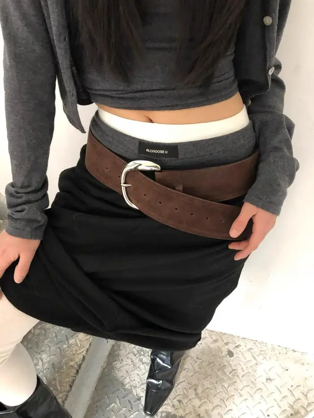 Wide Belt Niche Retro Y2g Hot Girl Suede Frosted Wide brimmed Belt Silver Buckle Brown - Shop at LoveMi