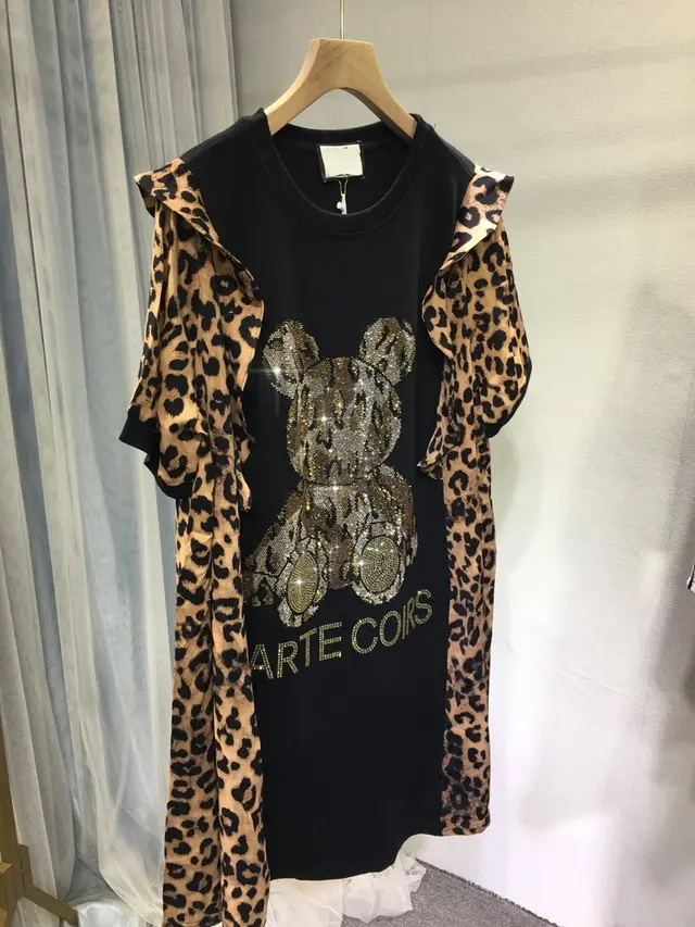 Summer Hot Rhinestone Dress Leopard Print Wooden Ear Bear Short Sleeve Black - Shop at LoveMi