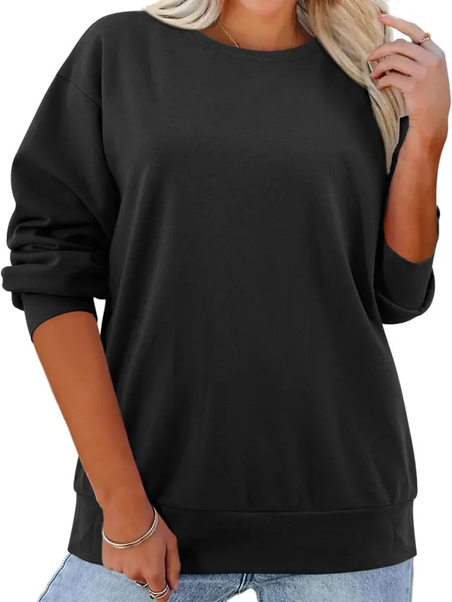 Fleece lined Thick Round Neck Loose fitting Solid Color Long Sleeves Sweater Black - Shop at LoveMi