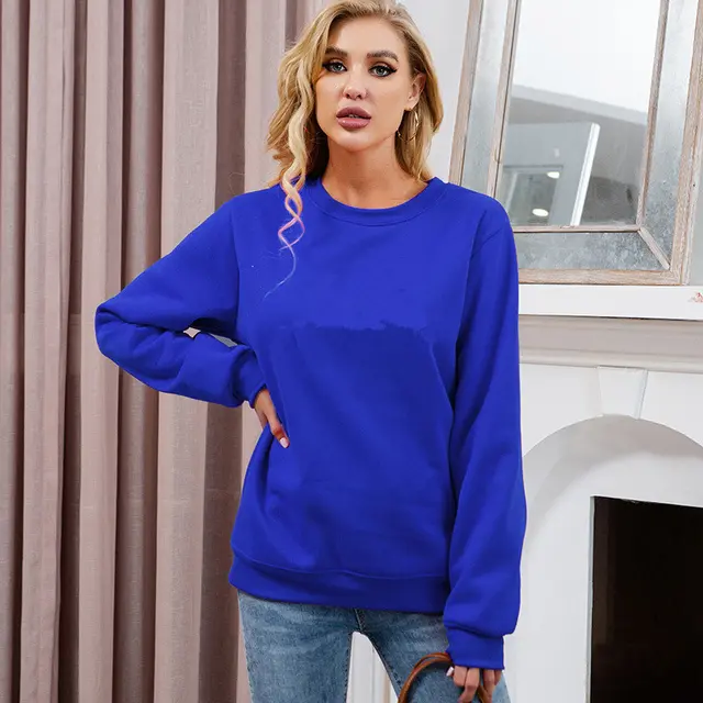 Fleece lined Thick Round Neck Loose fitting Solid Color Long Sleeves Sweater Blue - Shop at LoveMi