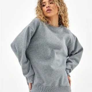 Fleece-lined Thick Round Neck Loose-fitting Solid Colour Long Sleeves Sweater - Grey