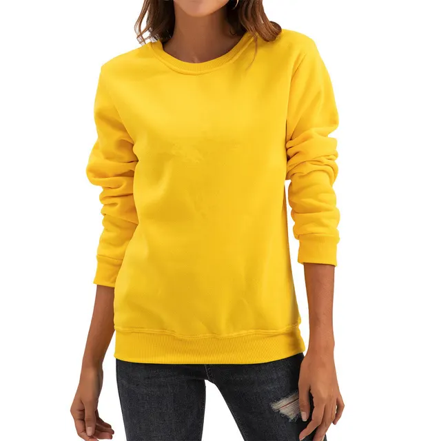 Fleece lined Thick Round Neck Loose fitting Solid Color Long Sleeves Sweater Yellow - Shop at LoveMi