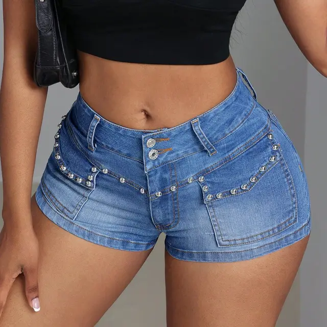 Mid low Waist Beaded Mid elastic Denim Shorts Blue - Shop at LoveMi
