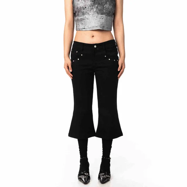 Women's Black Rivet Skinny Jeans Loose Straight Flare Pants Black - Shop at LoveMi