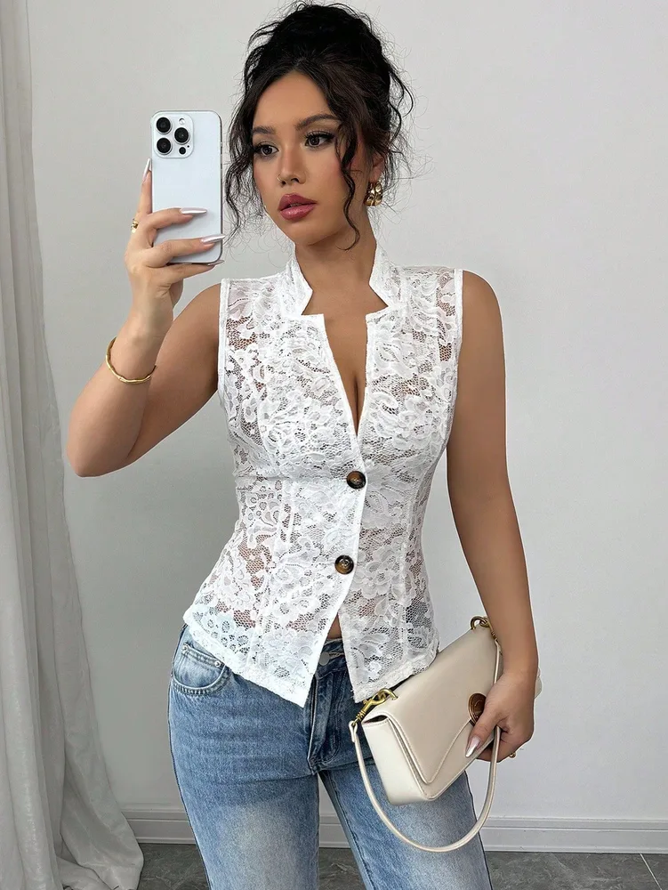 Sexy Young Hollow Chest Jacquard Design See through Lapel Skinny Lace Cardigan White - Shop at LoveMi