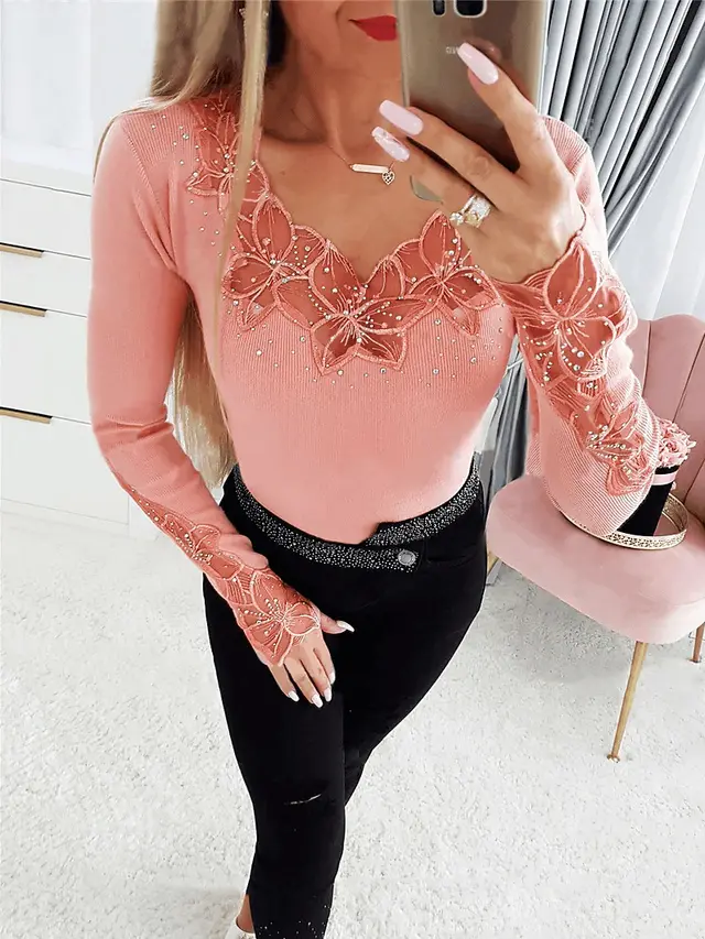 Solid Color Neckline And Cuff Stitching Lace Hot Pink - Shop at LoveMi