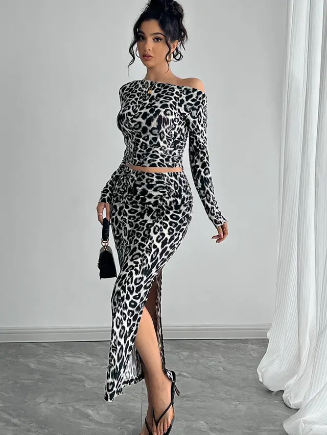 Sexy Leopard Print Two piece Suit With Fitted Maxi Dress Suit Gray Grey - Shop at LoveMi