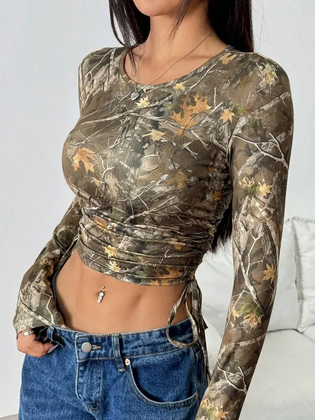 Mesh Branch Printing Side Drawstring Fitted Short T shirt Olive - Shop at LoveMi