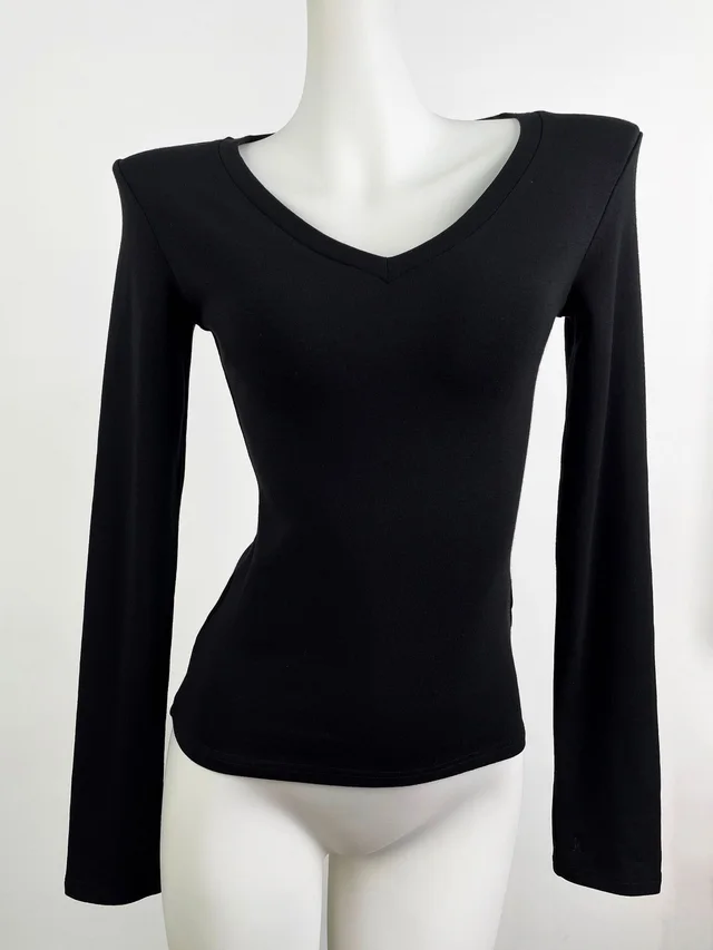 Shoulder Modal Stretch Tight Sports Long Sleeve V Black - Shop at LoveMi