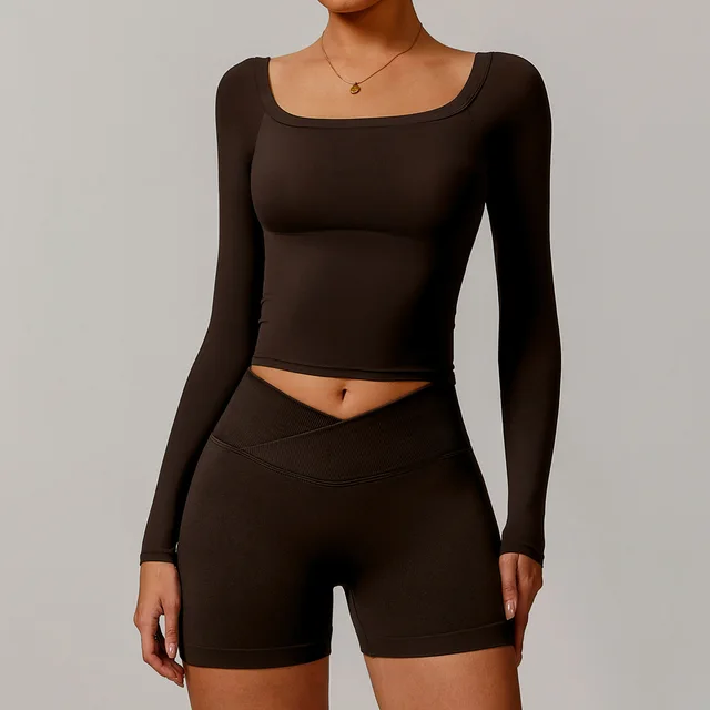 Off shoulder Long Sleeve Brushed Tight Sports Workout Clothes Dark Coffee - Shop at LoveMi