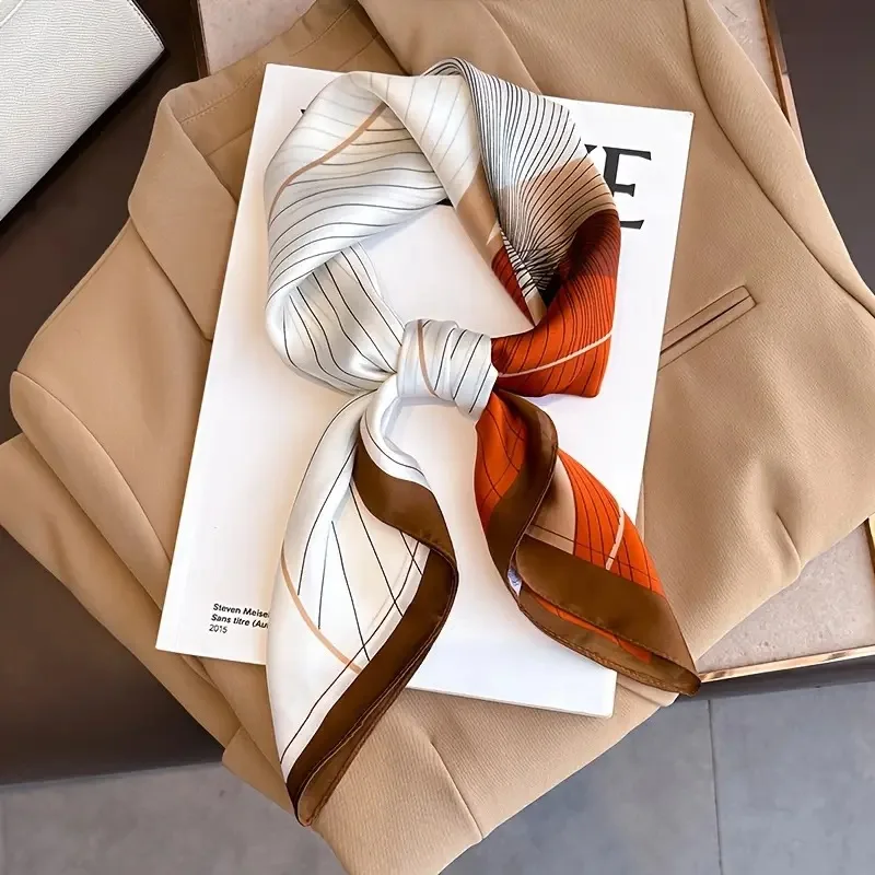 70 Silk Scarf Square Scarf High Sense Korean Style Fashion All-matching - Orange And Coffee Lines