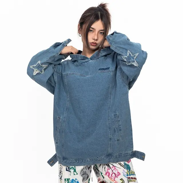 Retro Washed Loose Hooded Denim Top Blue - Shop at LoveMi
