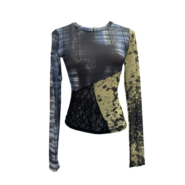 Plaid Mesh Floral Print Top Stitching See through Lace Color Matching - Shop at LoveMi