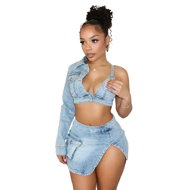 Fashion Personality Ladies Denim Stretch Suit Light Blue - Shop at LoveMi