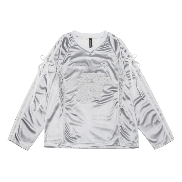 Women's Lace Stitching Bow Drawstring Satin T shirt Silver - Shop at LoveMi