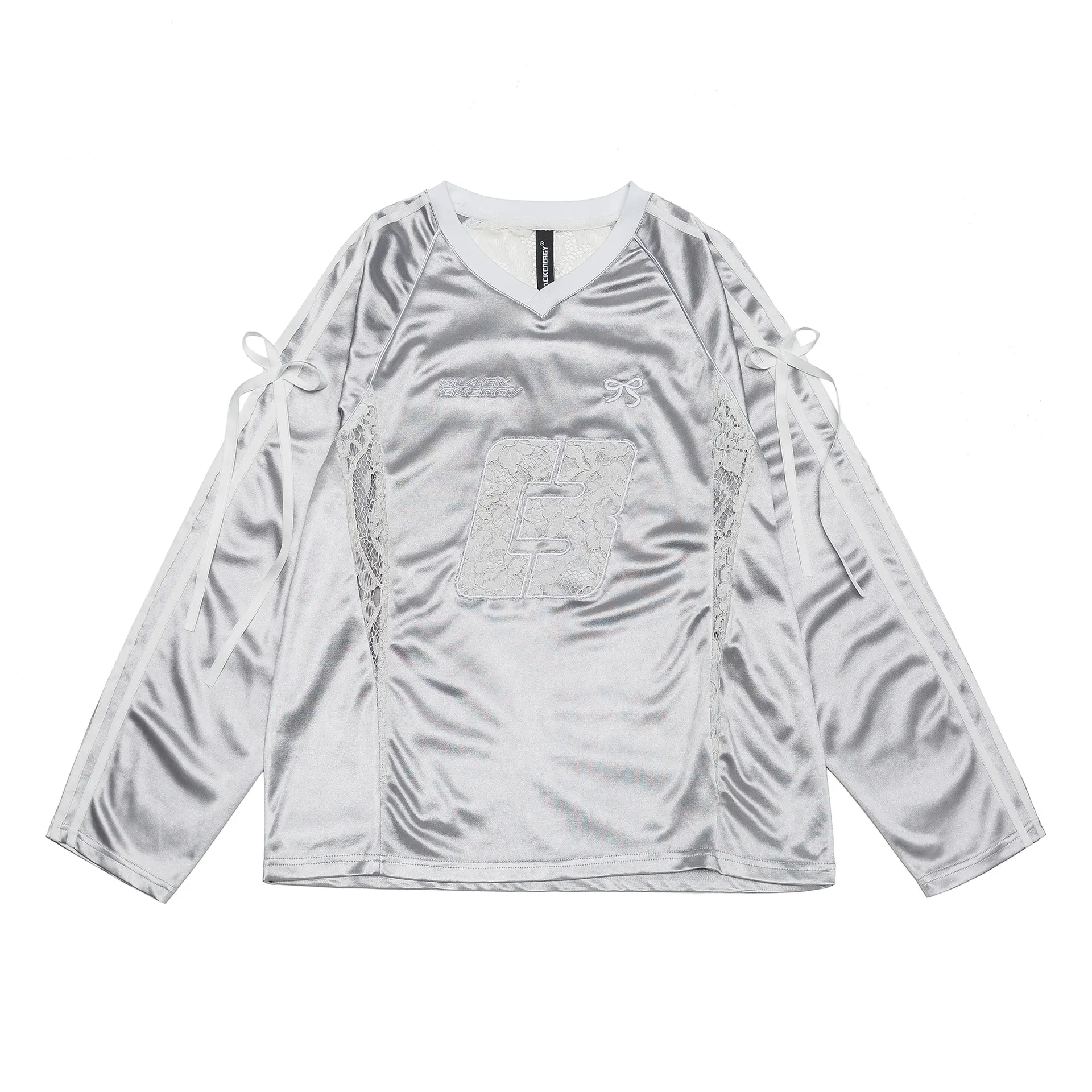 Women's Lace Stitching Bow Drawstring Satin T-shirt - Silver