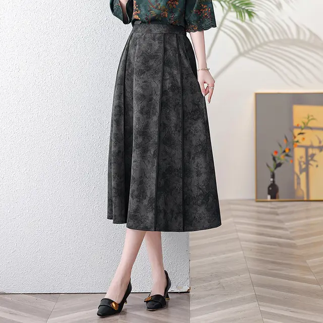 High Waist Slimming Commuting Printed A Line Skirt Black - Shop at LoveMi