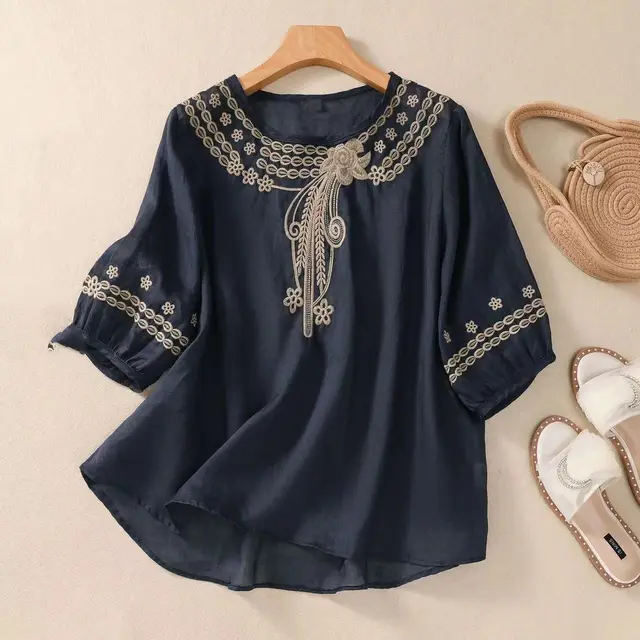 Vintage Cotton And Linen Embroidered Shirt Summer Half Sleeve Black - Shop at LoveMi