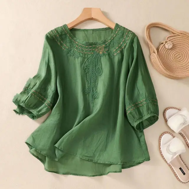 Vintage Cotton And Linen Embroidered Shirt Summer Half Sleeve Green - Shop at LoveMi