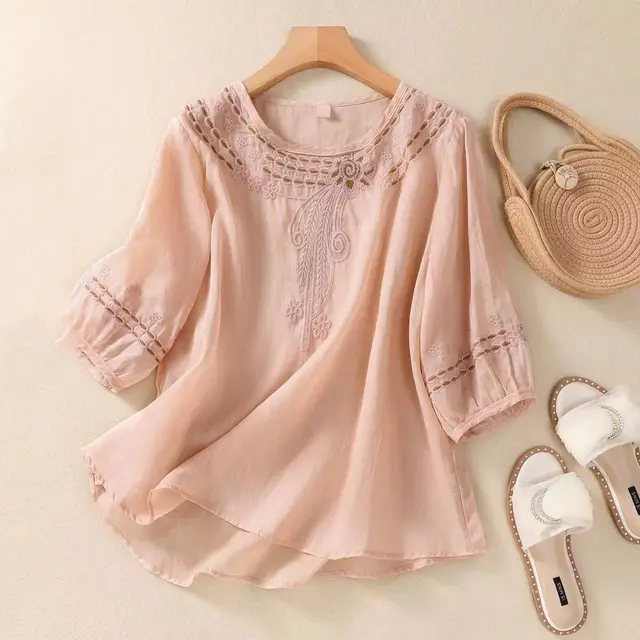 Vintage Cotton And Linen Embroidered Shirt Summer Half Sleeve Pink - Shop at LoveMi