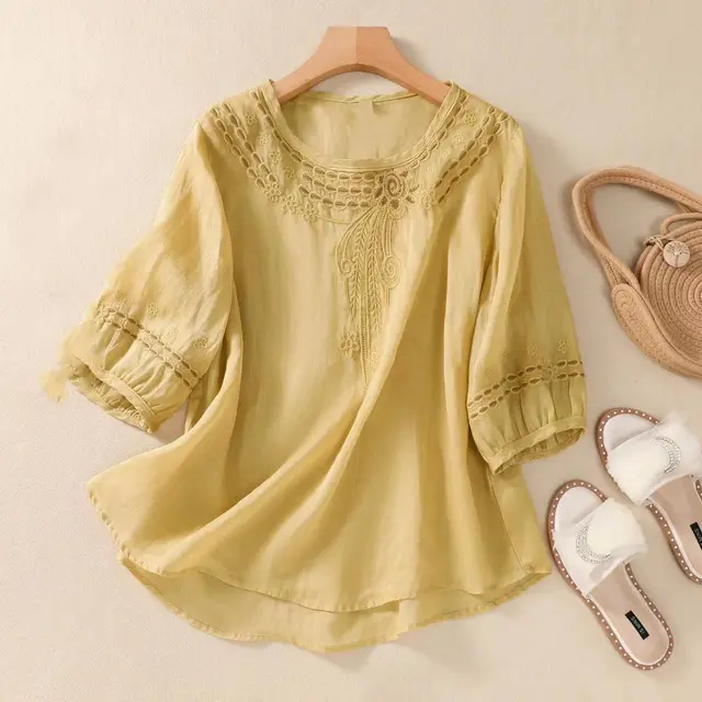 Vintage Cotton And Linen Embroidered Shirt Summer Half Sleeve Yellow - Shop at LoveMi