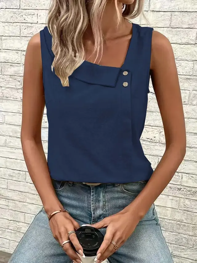 Multi Color Casual Diagonal Collar Button Vest For Women Navy Blue - Shop at LoveMi