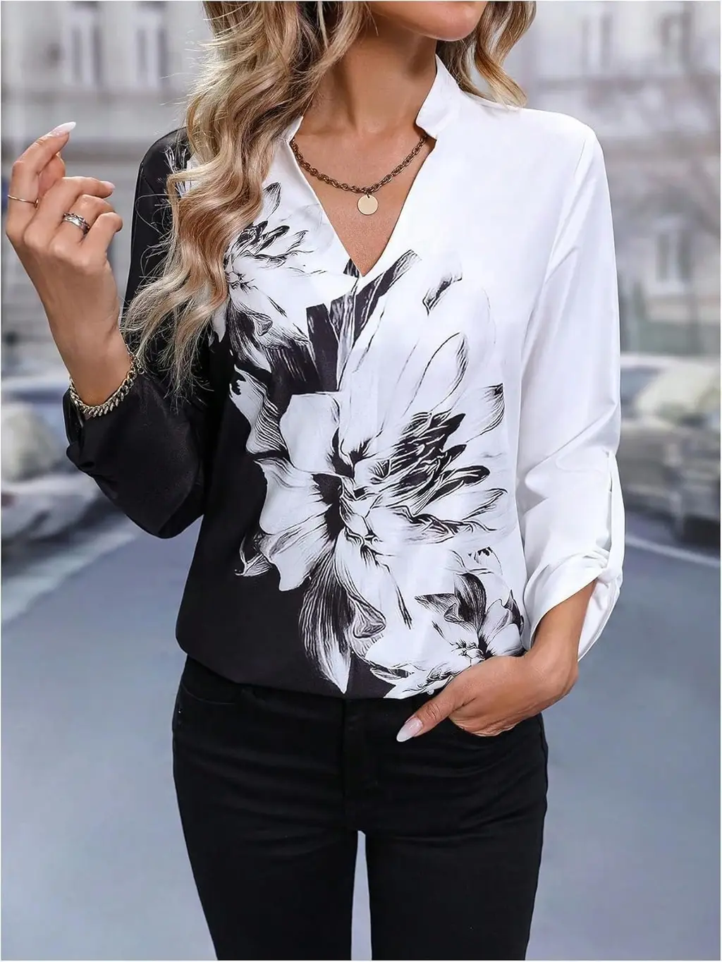 Flower Fashion Individual Casual Loose Women's Wear - Black And White Big Flower