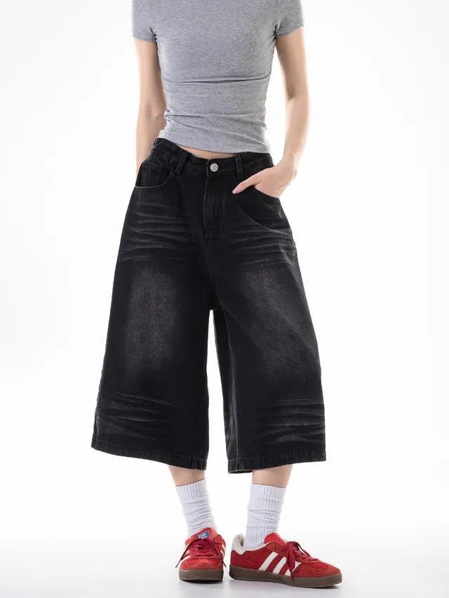 Retro Cropped Jeans Loose Straight Cargo Casual Wide leg Pants Shorts For Women Black - Shop at LoveMi