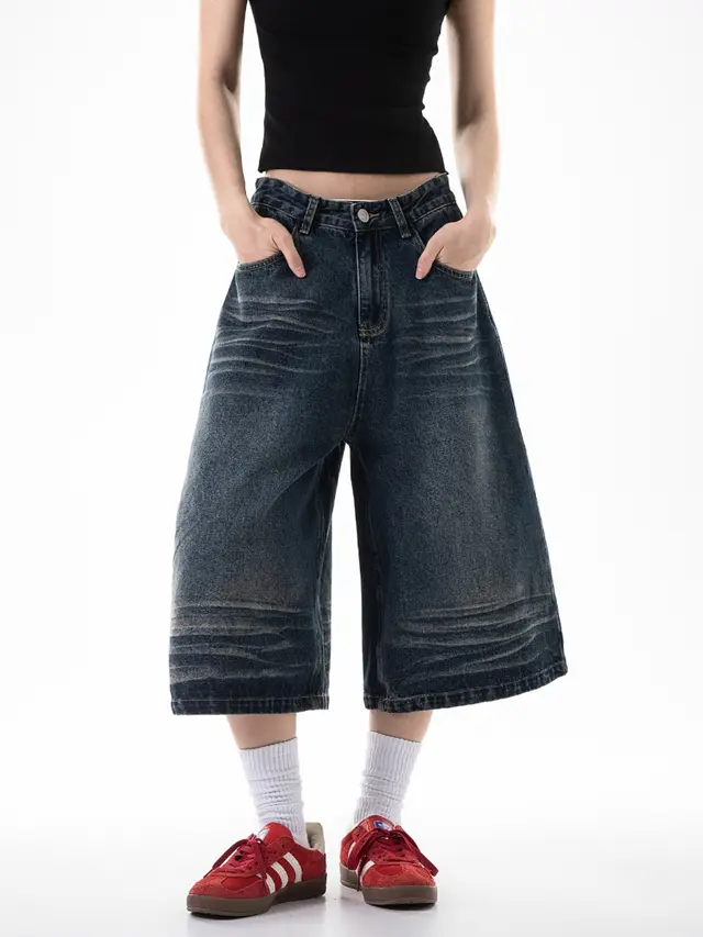 Retro Cropped Jeans Loose Straight Cargo Casual Wide leg Pants Shorts For Women Blue - Shop at LoveMi