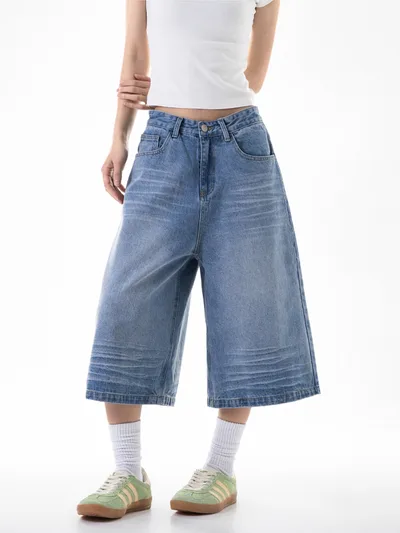Retro Cropped Jeans Loose Straight Cargo Casual Wide leg Pants Shorts For Women Light Blue - Shop at LoveMi