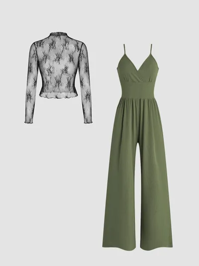 Lace Long Sleeve Sling Slim Fit Bodysuit V neck Wide Leg Suit Army Green - Shop at LoveMi