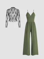 Lace Long Sleeve Sling Slim Fit Bodysuit V-neck Wide Leg Suit - Army Green