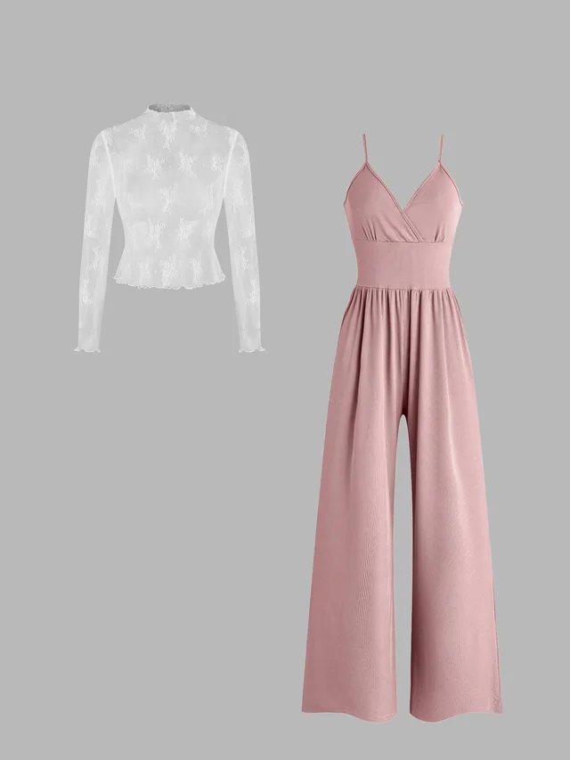 Lace Long Sleeve Sling Slim Fit Bodysuit V neck Wide Leg Suit Pink - Shop at LoveMi