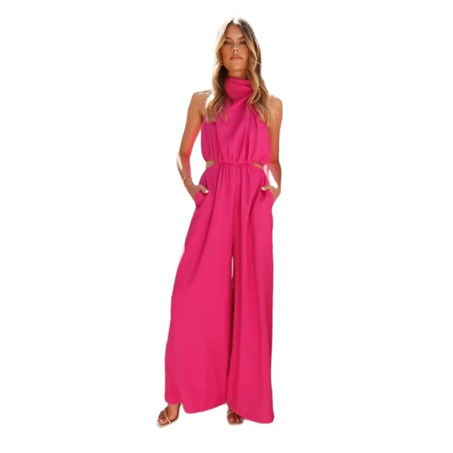Pure Color Halter Lace up One piece Wide leg Pants Red - Shop at LoveMi