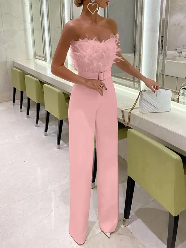 Feather Tube Top Fashion Jumpsuit Pink - Shop at LoveMi