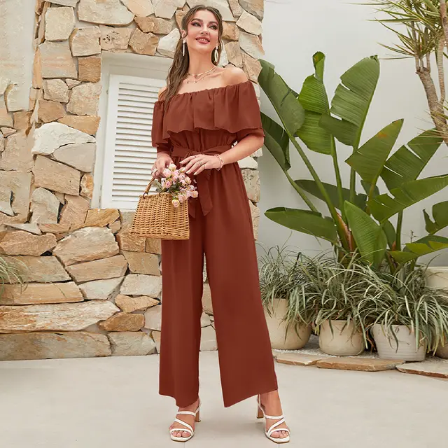Women's Lace up Cropped Short sleeved Wide leg Pants Brown - Shop at LoveMi