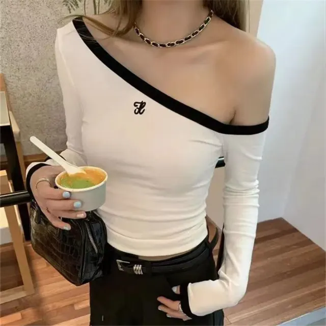 Women's Long sleeved Contrast Color Slim Fit letter Off shoulder Top White - Shop at LoveMi