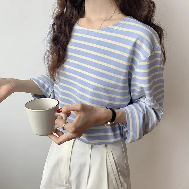 Women's Striped Long Sleeve Loose Casual Top Light Blue - Shop at LoveMi