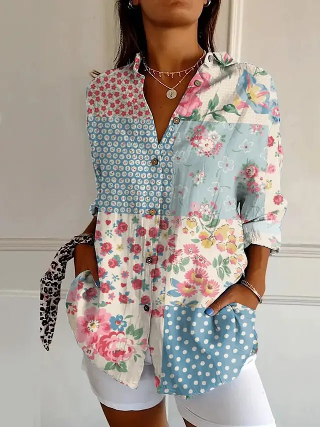 Flowers Print Long Sleeve Shirt Fashion Stand Collar Button Tops For Women Clothing Yj4960Mc - Shop at LoveMi
