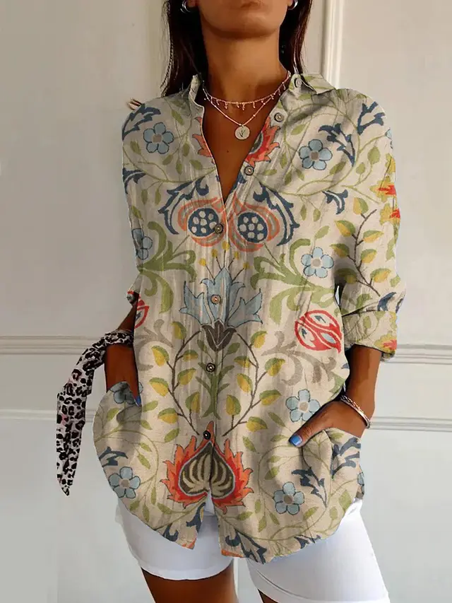 Flowers Print Long Sleeve Shirt Fashion Stand Collar Button Tops For Women Clothing Yj4965Mc - Shop at LoveMi