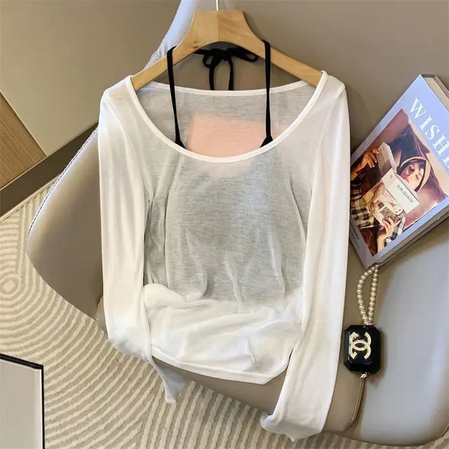 Sunscreen Knitted Blouse Thin Vest Two piece Set Black Camisole White Coat - Shop at LoveMi