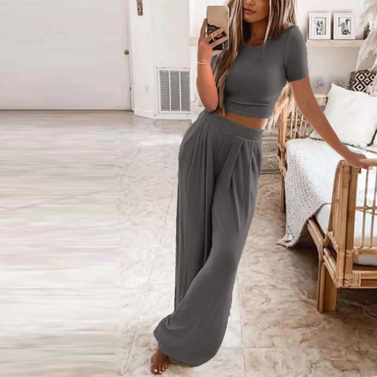 Solid Color Knit Casual Home Two-piece Suit For Women - Dark Gray