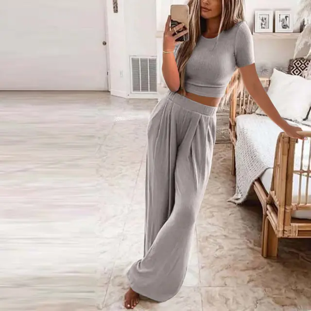 Solid Color Knit Casual Home Two piece Suit For Women Gray - Shop at LoveMi